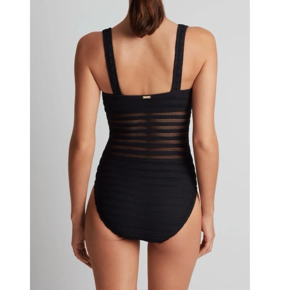 Lauren Ralph Lauren Black Striped Ottoman Mesh One-Piece Swimsuit Size 12